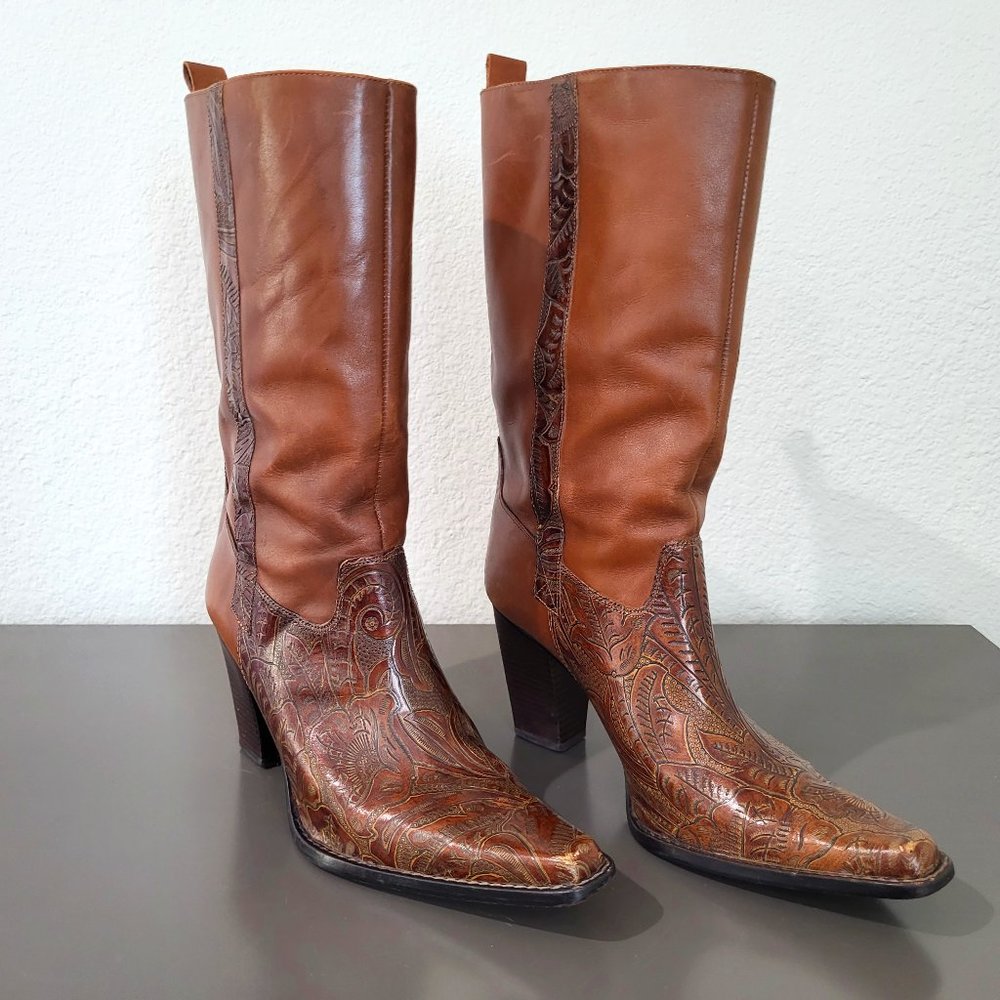 Antonio Melani CASSIDY Brown Tooled Floral Leather Western Boots SZ 8.5